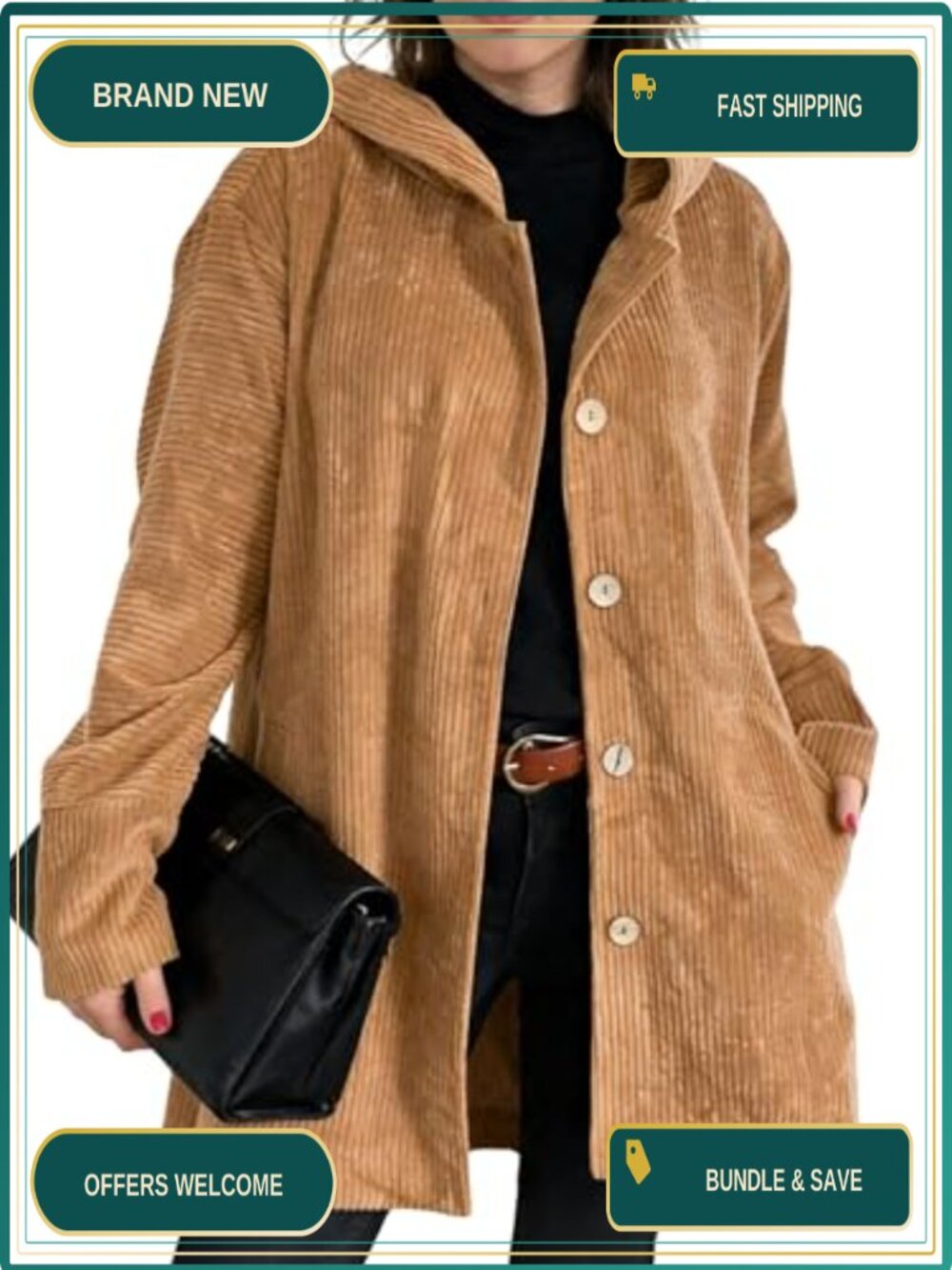 Corduroy Jacket With Hood Women Loose Button Down Trench Coat Outerwear